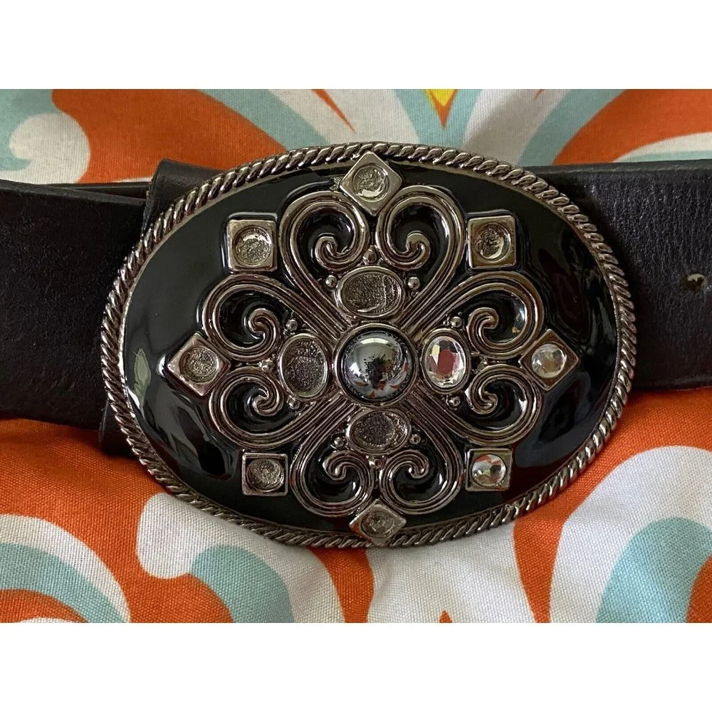Vintage Express Wide Black Leather Belt Large Buckle Enamel Rhinestones‎ Medium